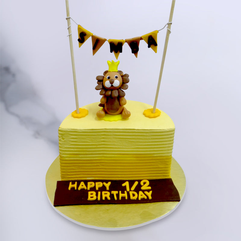 Half birthday cake is having lion king on top of the cake with name banner written as Simba on it. This Lion king half birthday cake is very suitable for all half birthday celebrations 