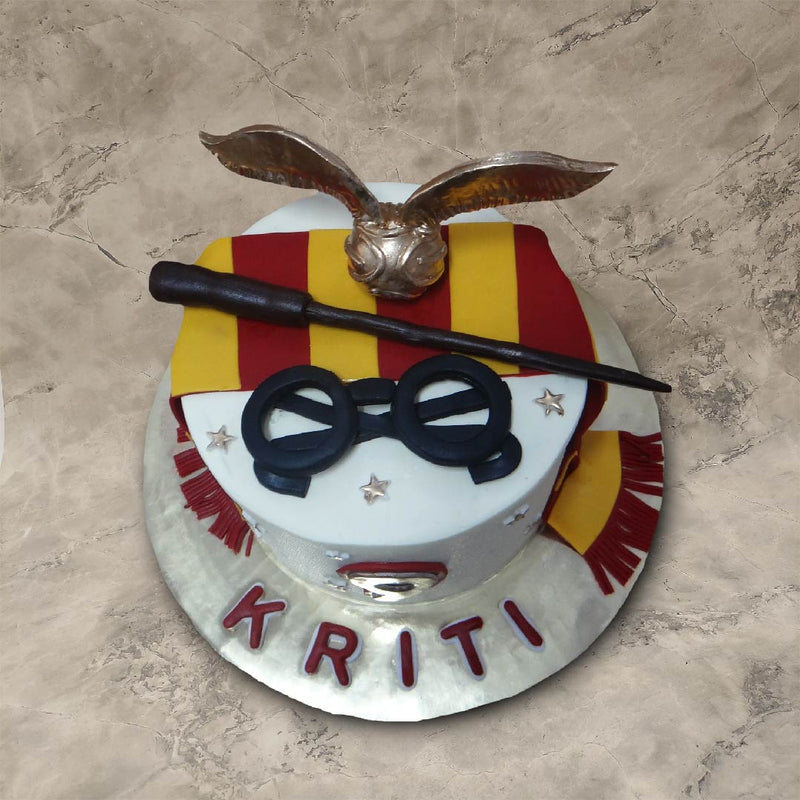 Top view of harry potter theme cake to show you all the elements on top of this harry potter birthday cake. This harry potter themed cake will surely be loved by a harry potter series fan