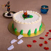 On top of this little Krishna cake design lies his bansuri or flute depicted by a roll of chocolate. This Krishna theme birthday cake has his footsteps made out of delicious almond paste leading up to the delicious pit of butter, enticing not just Kanhaji but all the Balamuralis and Radhas in your house too. 