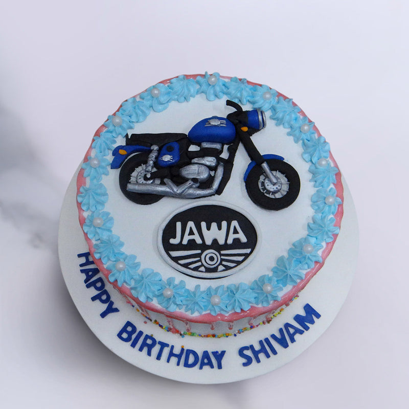 Top view of Jawa bike theme cake. A bike cake dedicated to all the bikers of bangalore