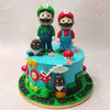 Set against a blue sky as the base, Mario and Luigi figurines standing tall and proud on top of this Mario Kart birthday cake for kids 