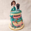 A pastel colour palette runs through both tiers of this mermaid theme cake in layers of purple, pink, yellow and teal.