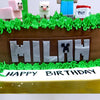 Zoomed view of name tag on our minecraft which shows the name is also written on the theme of the cake with a creeper face in between the alphabets. This Minecraft cake will definitely bring smile on your kids face when he receive this minecraft theme cake as his birthday cake