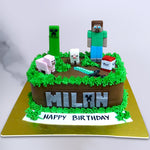 Minecraft cake is one of the most famous cake design amongst kids now a days, Its a best birthday cake in fact to surprise your kid who loves playing video games. On top of this minecraft theme cake there are characters of minecraft game 
