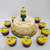 This minion figure with his cute goggles on the minion theme cake, is extremely adorable, entirely edible and his job description entails watching over cartoon cakes like this one. He's also the supreme commander of all the minion theme cupcakes that this minion theme birthday cake comes paired with