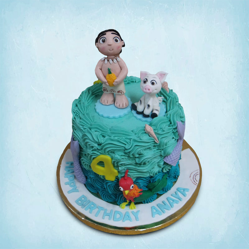 Moana theme cake for a kid who loves watching Moana movie and enjoy every piece of the movie. The best part of this moana cake is we have little moana standing on top of the cake holding a small pineapple 