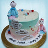 The words on the clouds on this 'he or she' cake read,"twinkle twinkle little star, how I wonder what you are" in line with a gender reveal and at the base, you can find a little bit of mom-to-be humour with the words,"Almost baked….ready to pop" 