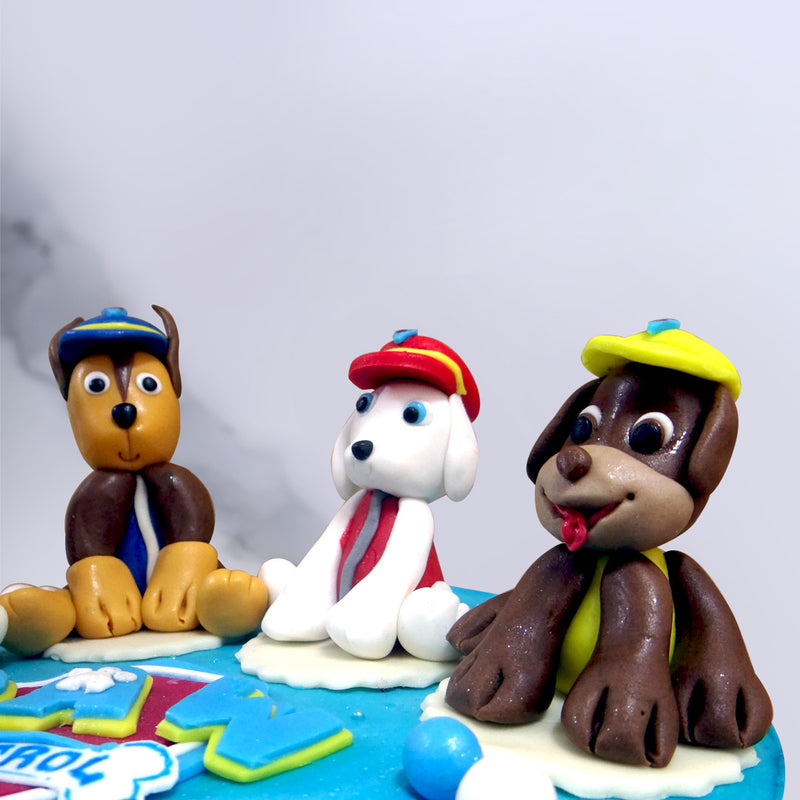 Paw patrol cake with cartoon character zuma on top of the cake posing with all his friends of paw patrol cartoon