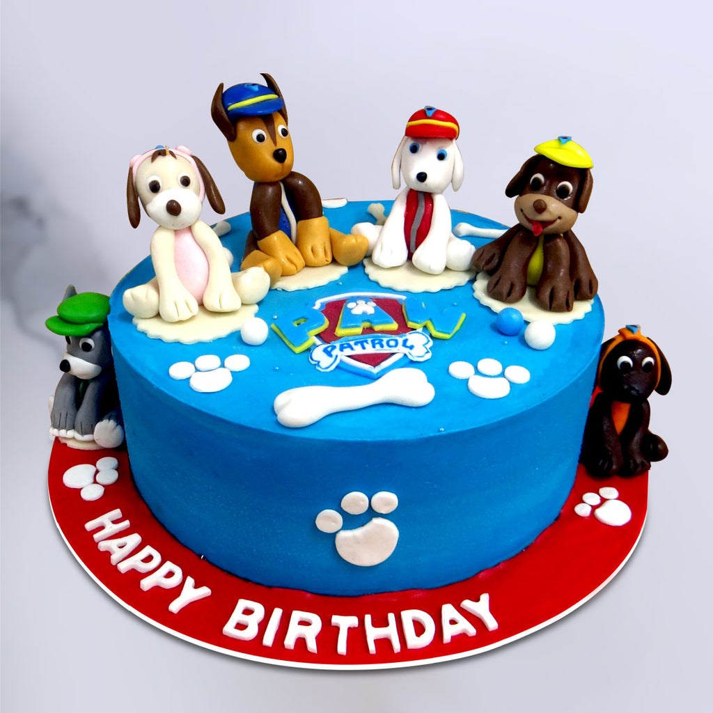 Paw patrol birthday cake with cute little super heros on top of the cake. In this paw petrol cake we have captured all the 6 characters of paw patrol cartoon,