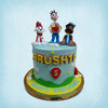 This Paw Patrol theme cake features the holy Trinity of the show: Ryder: the human, Marshall: the dalmatian and Chase: the german shepherd standing tall atop this kids birthday cake and ready to protect it with all their might. There's even a delicious bone between them to snack on until you come to their rescue.