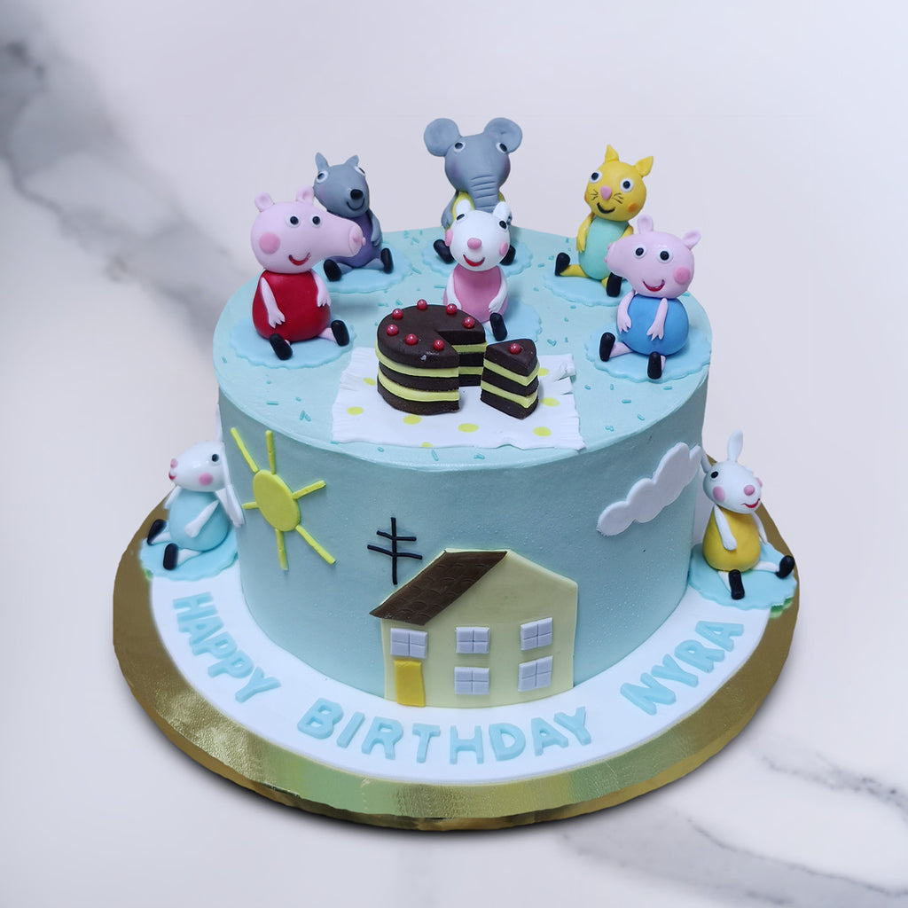 Peppa Pig, Molly Mole, Emily Elephant, Candy Cat and George Pig (left to right) have all gathered around the top of this Peppa Pig and friends cake for girls to celebrate Suzy Rabbit's birthday.