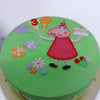 Zoomed view of peppa pig birthday cake where peppa pig is ready to surprise you with a cake and balloons with lot gifts and flowers on her way to your little ones birthday celebration