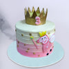 This peppa pig crown cake is unique as it holds a crown on top of it and a 2D fairy peppa pig character on the side of the cake. This girly peppa pig cake is perfect as birthday cake for baby girl