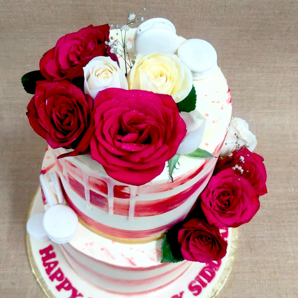 Seminaked Cake Red Floral Macarons- brown drip & Strawberries-Sarah Design  – Pao's cakes