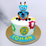 This robot cake isn't just straight out of the oven but also straight out of a comic book or cartoon.