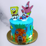 Top view of sponge bob theme cake with cartoon characters on top singing and dancing on your kids birthday celebration