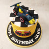 With a checkered flag depicting the finish line covering the top of this birthday cake for husband, the RBR car on top features the signature blue, red and yellow colours often associated with this popular sports drink.