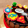 Zoomed view of super hero theme cake with lot of superhero logos present on top of the cake. Order online custom cake for same day delivery across Bangalore.