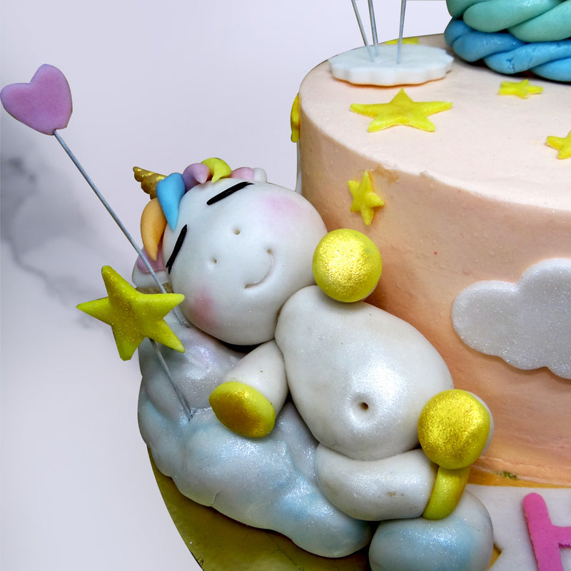 Sleeping cute unicorn on side of the cake shows the calmness and happiness of this beautiful cake. Order cute unicorn birthday cake for same day delivery across Bangalore