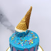 Top view of upside down ice cream cake with blue blue melted ice-cream and a waffered cone on top. This melted icecream cake design is surely the best birthday cake to celebrate with