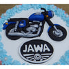 JAWA bike theme cake featuring JAWA 42 bike miniature on top of the bike cake 