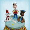 The paw logo sits cushy in the middle of the superhero birthday cake in a layered and bold 2D form. Besides the Paw Patrol cake is a little red fire hydrant, 2 bones and a bush all in 3D that make the realistic element of this kids birthday cake come to life along with the outdoorsy feel created by the 2D clouds, stars and grass.