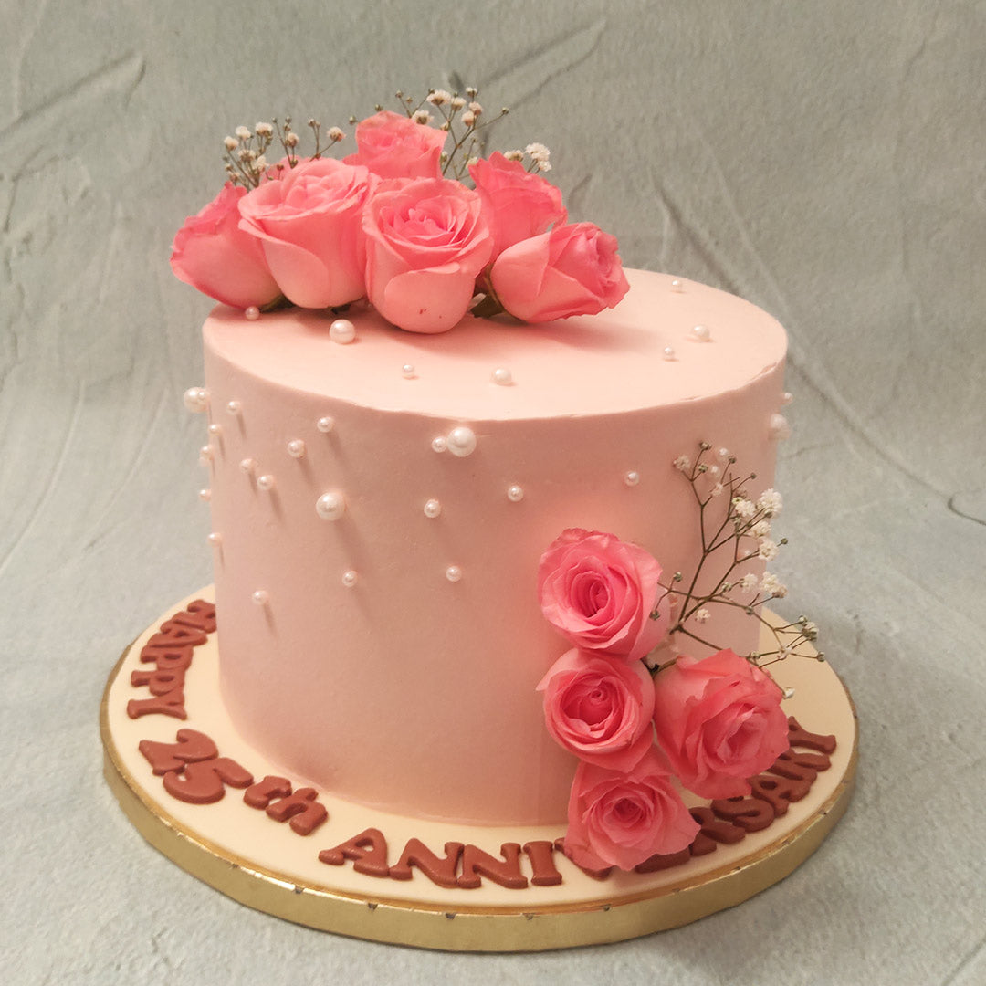 Pink Ribbon Elegant Happy Anniversary Cake With Name and Photo