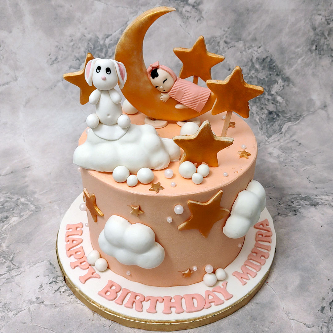 Baby On The Moon Cake | Moon And Stars Cake | Baby Shower Cake ...