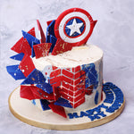 This Captain America cake design is an edible, Marvel Masterpiece paying tribute to the first Avenger. This Captain America birthday cake for kids is a reminder to us all to keep a timeless spirit alive through every new beginning.