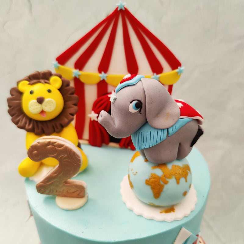 From the miniature, caricature-like elephant balancing on a globe to the lion standing on its hind legs, there’s a whole array of spectacles present on this  circus theme birthday cake for kids to tickle your little ones. 