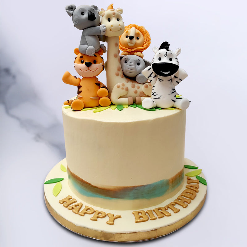 To bring a warm smile to the face of the animal enthusiast, we present this customized and personalized cute animals birthday cake. A cute animals cake for a cute animal-lover.