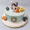 The base of this dog cat cake comes in a beautiful baby blue colour embellished with lustrous white pearls all around it that bear the resemblance to little paw prints. An ornamented age display is placed in the centre of this design for dog and cat themed birthday cakes with a wood-toned frame wrapped around it. 