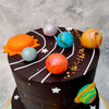 True to the name of a planet cake, there are an abundance of planets that have been recreated in an edible and artistic form on this space themed cake and we've even added in a beautiful macaroon-like sun to center all the other planets and stars. 