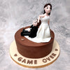 This game over cake comically depicts a bride dragging her groom down the aisle, making it the perfect design for a bachelor party cake or a bachelorette party cake.