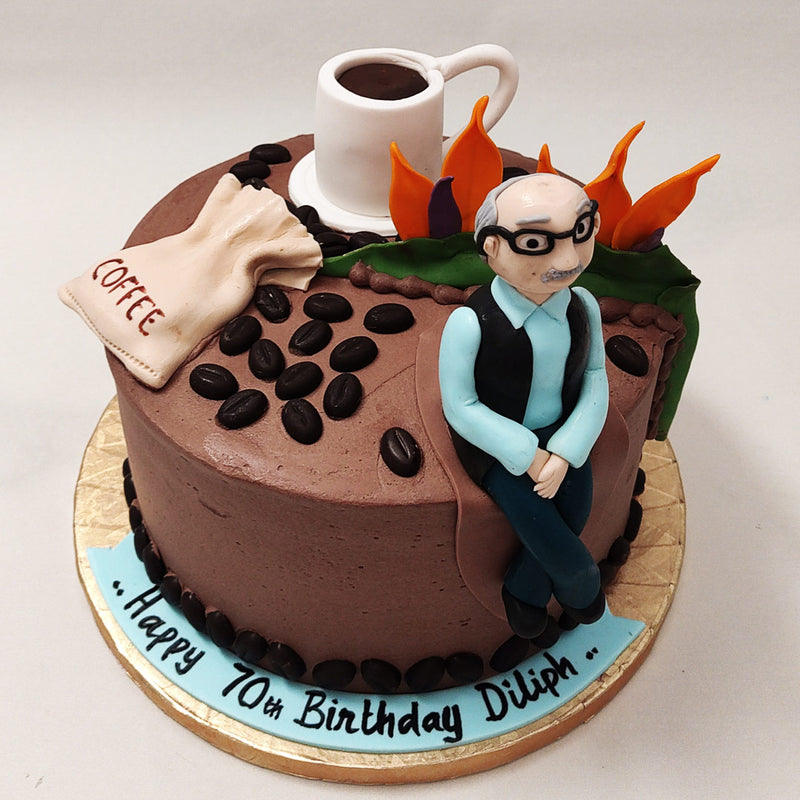 The white-haired figurine of grandpa in his waistcoat and glasses is entirely edible and completely customisable, according to both flavour and design, just like the rest of this grandpa theme cake. So put your designer hats on and tell us how we can make this happy birthday grandfather cake as personal and as special as possible. 