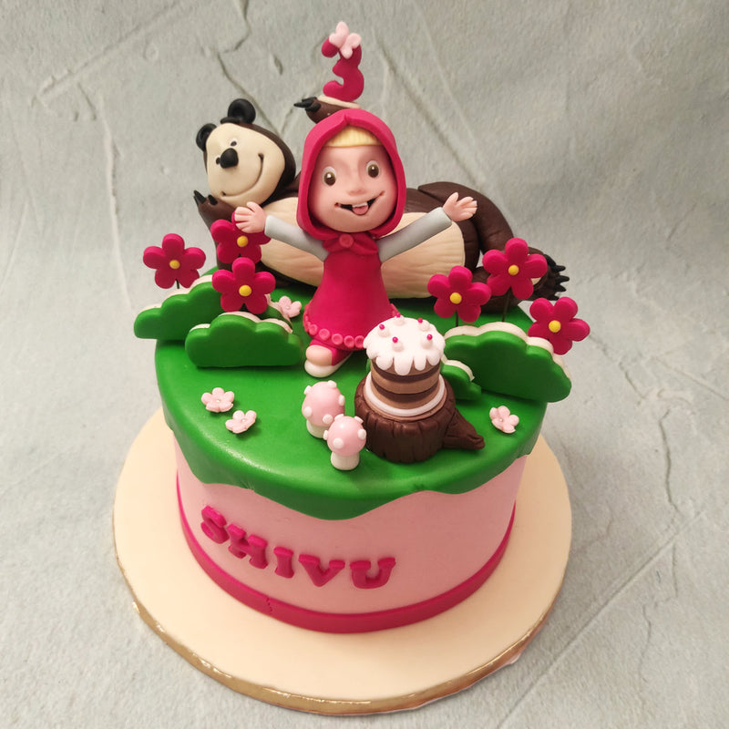 This Masha and the bear birthday cake was created drawing inspiration from kids' favourite Russian animated show. This Masha bear cake is where fantasy meets reality in the most favourable and savourable way!