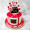 On top, cake-pops shaped like hearts frame the entirety of the Polaroid picture in the colours of white, pink and red, which is a recurring colour theme seen throughout this 1D birthday cake. These hearts are designed to look like birthday candles or sparkles adding light and colour to the design.