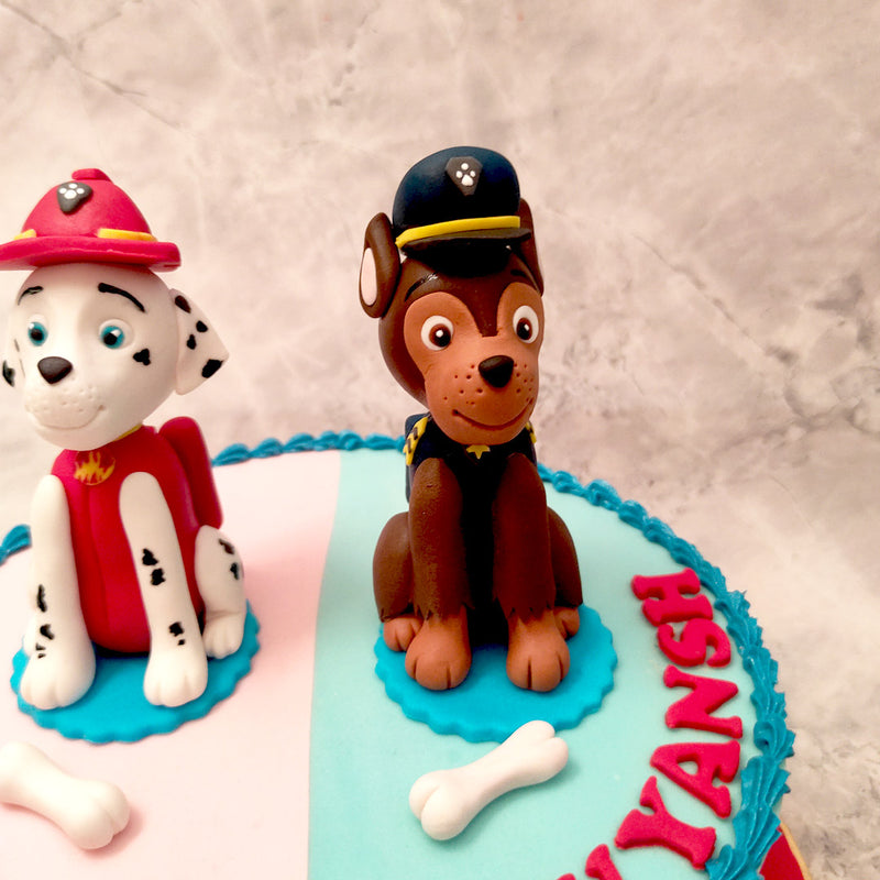  Marshall, the Dalmatian's territory on this Chase and Marshall cake, is on the left in pink and Chase's on the right in blue. Both dogs, though friendly and grinning, appear to be standing guard and on duty just like they do in the show.