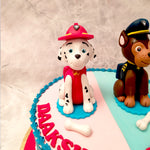 This Paw Patrol birthday cake for kids would be ideal when celebrating the birthdays of two best friends or siblings at once. The design of this Paw Patrol theme cake is in a half and half format where the top is evenly divided into the Chase section and the Marshall section.