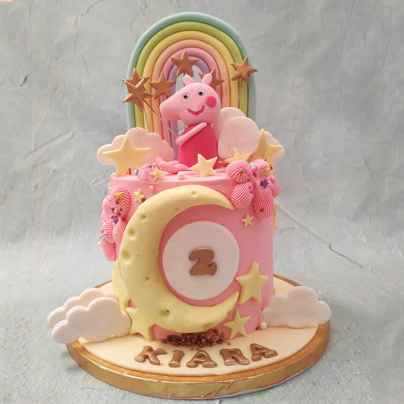  We present to you, a platter of imagination in the form of this delectable, Peppa Pig rainbow cake. The design of this Peppa Pig birthday cake for kids features a grand replica of kids’ favourite British cartoon and beloved storybook character.