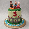 Lily Bobtail and Flopsy Rabbit, two more of the iconic characters of the movie are recreated alongside Peter Rabbit to form this Peter Rabbit cake design's topper.  Surrounded by growing pumpkins and carrots, the realistic setting of this Peter Rabbit theme cake really brings to life the fairytale elements of the franchise.