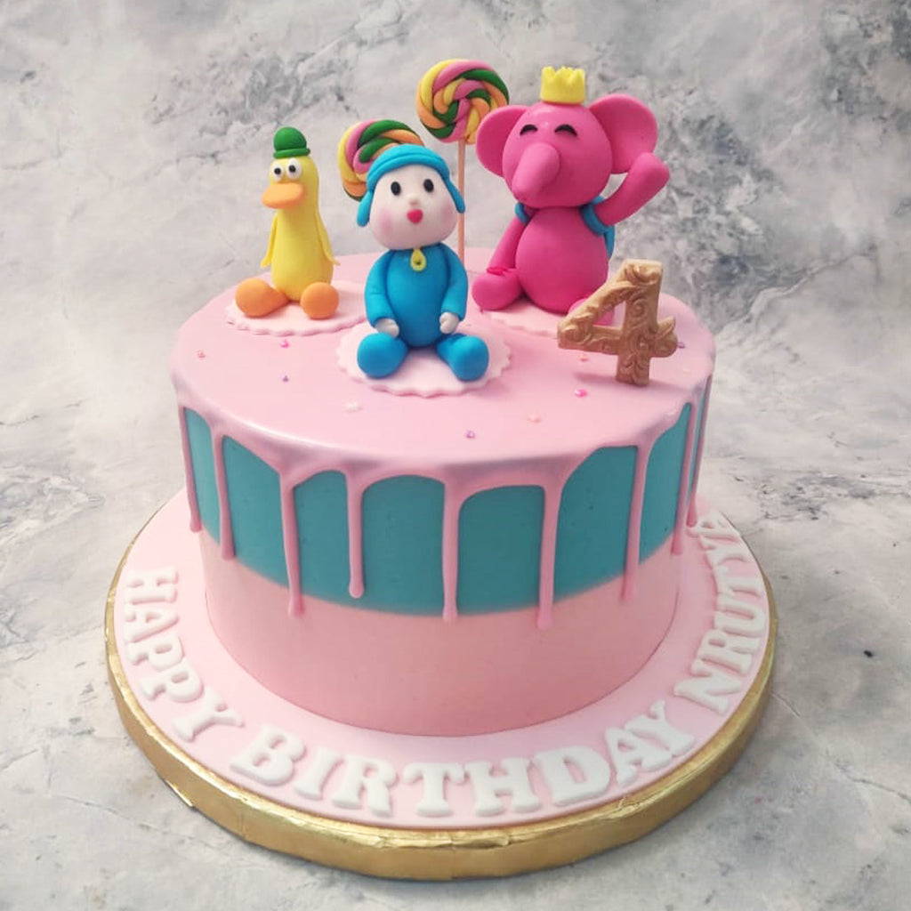 This Pocoyo cake is from a rare and special selection of niche cartoon cakes that we design upon request. The fanbase of this beloved show are sure to cherish a gesture such as the gift of this Pocoyo birthday cake for kids as it represents a world that is fictional yet very close to their hearts.