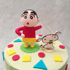 A three-dimensional figurine of Shin-chan and his dog Shiro are embedded into the top of this happy birthday Shinchan cake design adding dynamic to this piece.  Shin-chan is a Japanese manga series written and illustrated by Yoshito Usui which made its first appearance in 1990, ever since it has gained popularity and been an intrinsic part of a lot of our childhood.