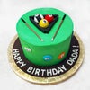 Like a pool table, the base of this billiard cake comes in a grassy shade of green, textured like the felt fabric used in real life! Colourful, 2D pool balls embellish the sides of this billiard themed cake design and the top is decorated with the cues, the triangle rack and some more rounded pool balls, including the white cue ball, all created to look realistic, artistic and life-like.