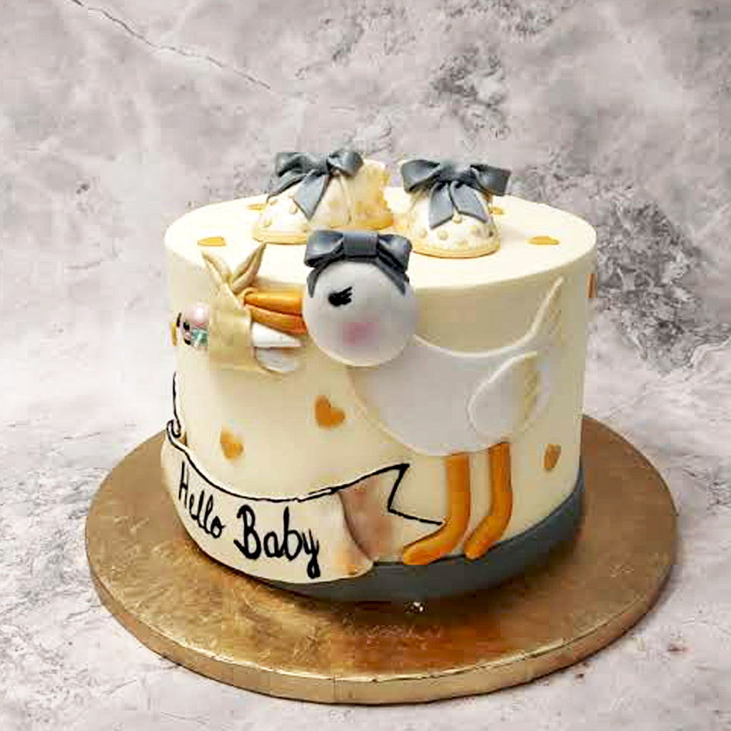 There are a lot of elements to this stork baby  themed cake , the first of which is a big banner, made to look slightly aged,  with the words "Hello baby" on it  as a way of welcoming a newborn into this world.