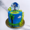 This Super Sonic Birthday cake is inspired by the Japanese video game series. A circular disk stands upright on top of this Super Sonic cake and on it is a painting of Sonic the hedgehog who is the protagonist of the game.