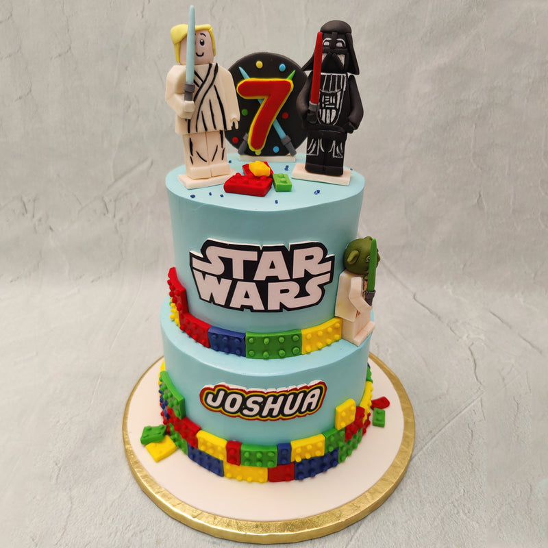 May the force be with you as it is in this two tier star wars cake. This Lego Star wars cake is the ideal fantasy baked into the perfect reality to bring joy into your little one's heart.
