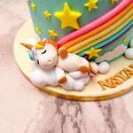 If you look closely, you’ll also spot some edible, lustrous pearls that have been lavishly sprinkled on top of this unicorn cake 2 tier design. The showstopper is the cake topper of this 2 tier unicorn cake design. 