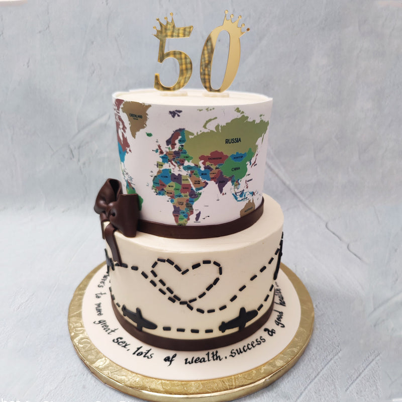 This two tier world map cake leads straight to the heart. The perfect reminder to a loved one that home is just a memory away, this world map cake design is the perfect send-off that lets the special someone in your life know that the whole world is in the palm of their hands.