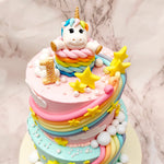 In line with the blue and pink colours used in the popular gender reveal trends that have taken the world by storm, we have created a blue base as the bottom tier and a pink base as the top tier, making this 2 tier unicorn cake design gender neutral and also baby-shower friendly. 